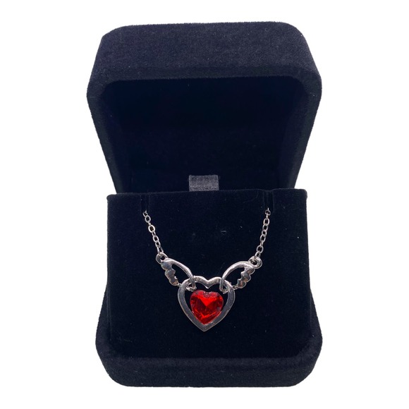 Imitation Red Ruby CZ Cubic Zirconia Gemstone Angel Wings Heart Necklace - Picture 2 of 9